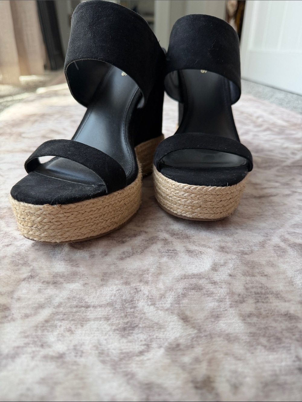 Express Black Suede Wedge Sandals with Natural Jute Platform